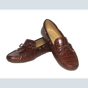 NEW Talbots Driving Shoe Loafer Shoes Brown Leather Bow Croc Taylor Size 9.5M